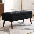 Banc de rangement capitonné en lin noir/gris/blanc cassé, pieds en bois, 1 place