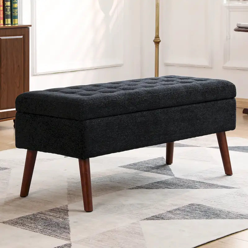 Banc de rangement capitonné en lin noir/gris/blanc cassé, pieds en bois, 1 place