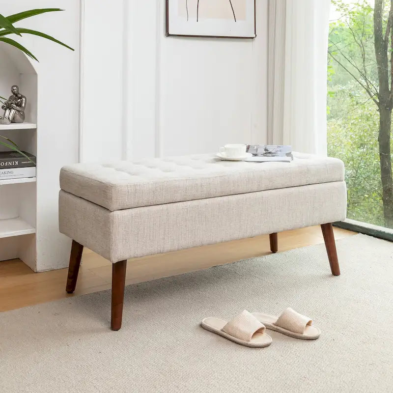 Banc de rangement capitonné en lin noir/gris/blanc cassé, pieds en bois, 1 place