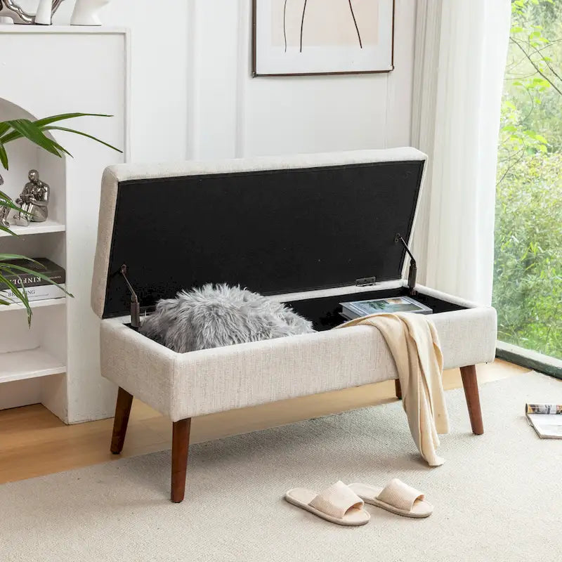 Banc de rangement capitonné en lin noir/gris/blanc cassé, pieds en bois, 1 place