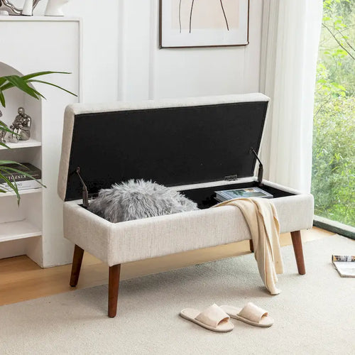 Banc de rangement capitonné en lin noir/gris/blanc cassé, pieds en bois, 1 place