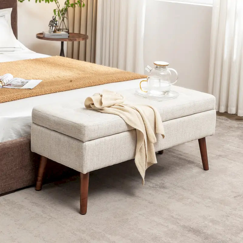Banc de rangement capitonné en lin noir/gris/blanc cassé, pieds en bois, 1 place