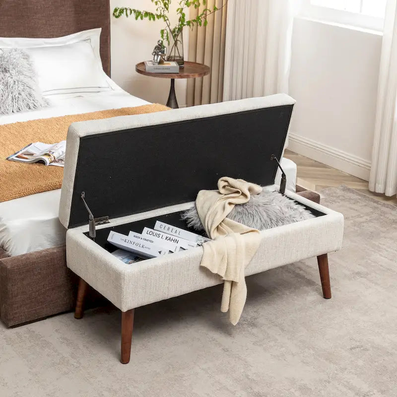 Banc de rangement capitonné en lin noir/gris/blanc cassé, pieds en bois, 1 place