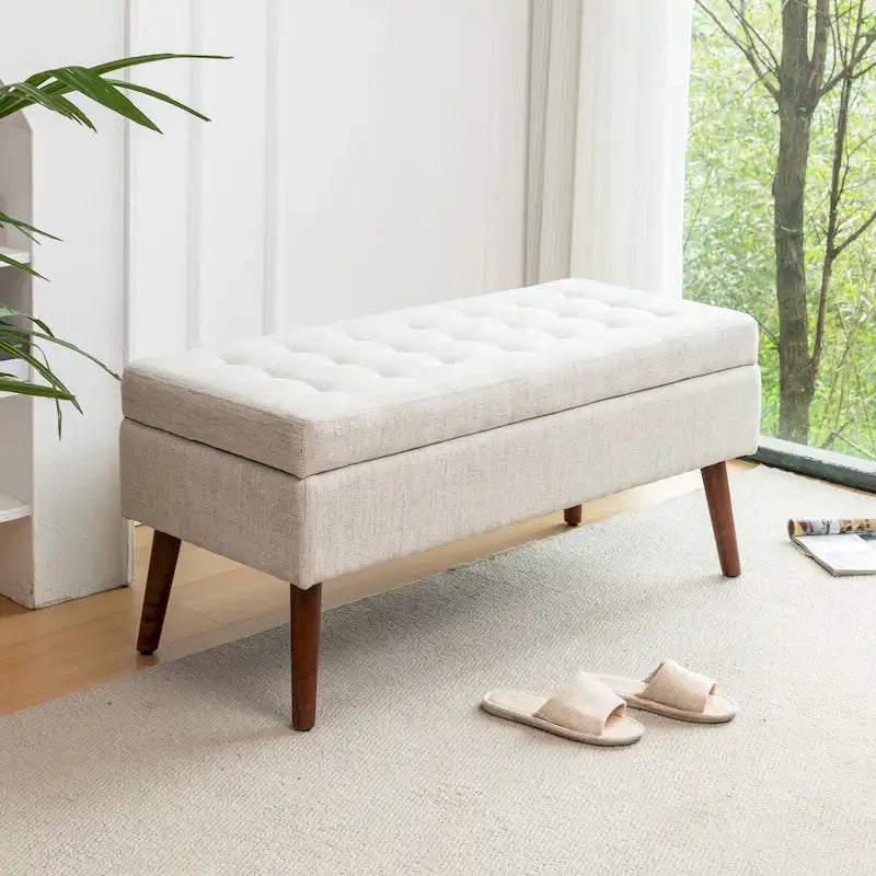Banc de rangement capitonné en lin noir/gris/blanc cassé, pieds en bois, 1 place