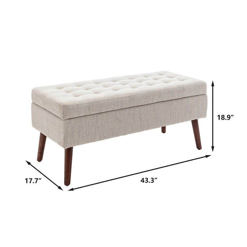 Banc de rangement capitonné en lin noir/gris/blanc cassé, pieds en bois, 1 place