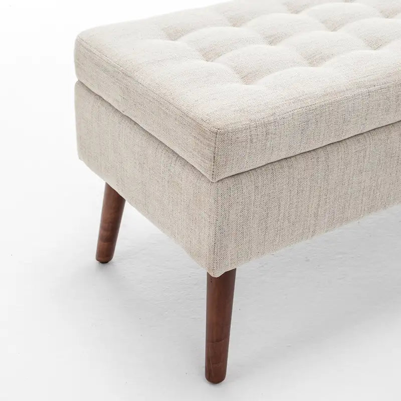 Banc de rangement capitonné en lin noir/gris/blanc cassé, pieds en bois, 1 place