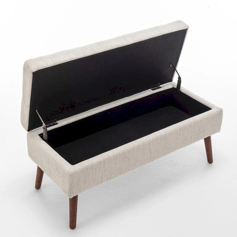 Banc de rangement capitonné en lin noir/gris/blanc cassé, pieds en bois, 1 place
