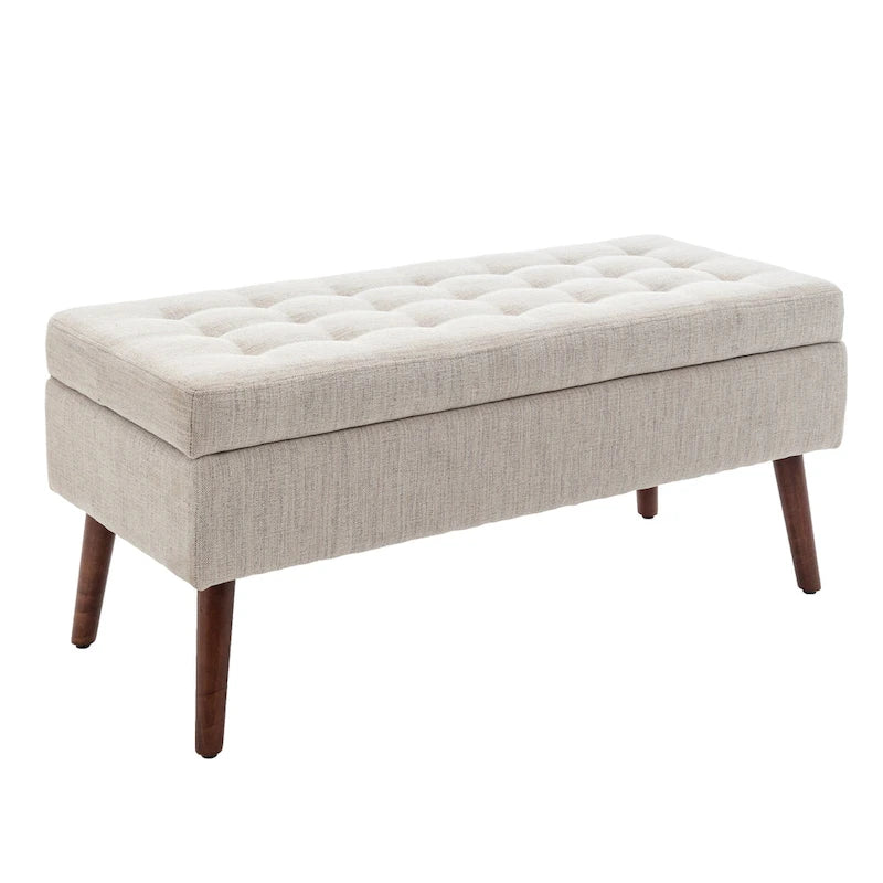 Banc de rangement capitonné en lin noir/gris/blanc cassé, pieds en bois, 1 place