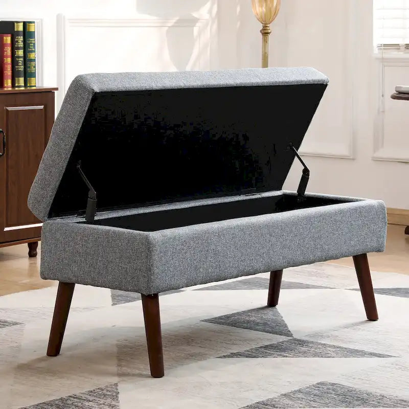 Banc de rangement capitonné en lin noir/gris/blanc cassé, pieds en bois, 1 place