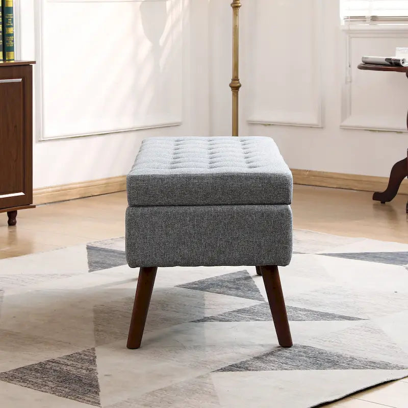 Banc de rangement capitonné en lin noir/gris/blanc cassé, pieds en bois, 1 place