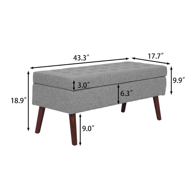 Banc de rangement capitonné en lin noir/gris/blanc cassé, pieds en bois, 1 place