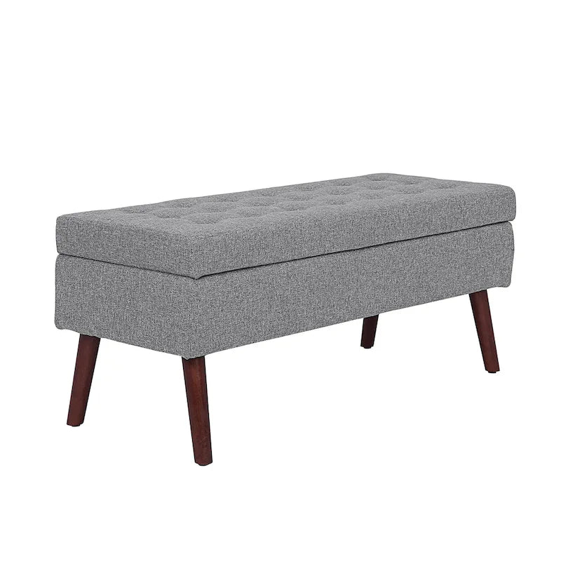 Banc de rangement capitonné en lin noir/gris/blanc cassé, pieds en bois, 1 place