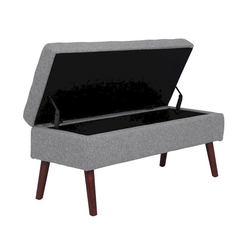 Banc de rangement capitonné en lin noir/gris/blanc cassé, pieds en bois, 1 place