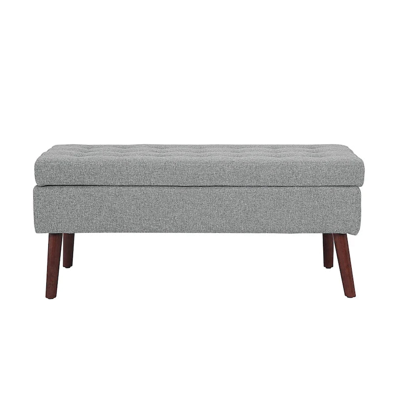 Banc de rangement capitonné en lin noir/gris/blanc cassé, pieds en bois, 1 place
