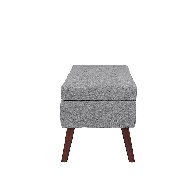 Banc de rangement capitonné en lin noir/gris/blanc cassé, pieds en bois, 1 place