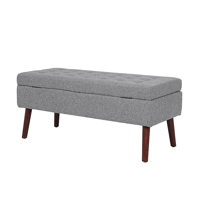 Banc de rangement capitonné en lin noir/gris/blanc cassé, pieds en bois, 1 place