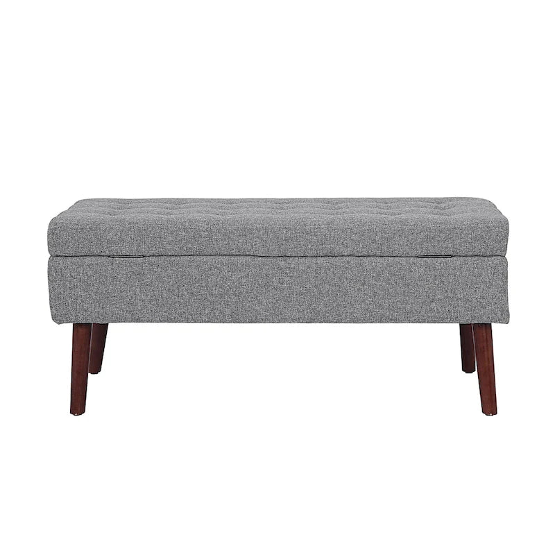 Banc de rangement capitonné en lin noir/gris/blanc cassé, pieds en bois, 1 place