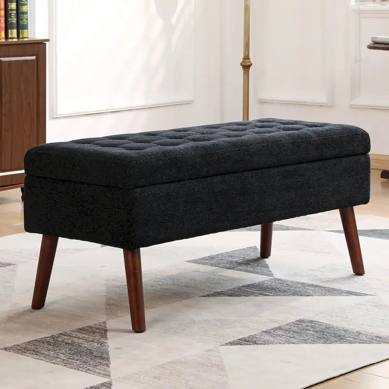 Banc de rangement capitonné en lin noir/gris/blanc cassé, pieds en bois, 1 place