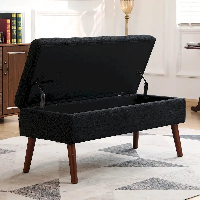 Banc de rangement capitonné en lin noir/gris/blanc cassé, pieds en bois, 1 place