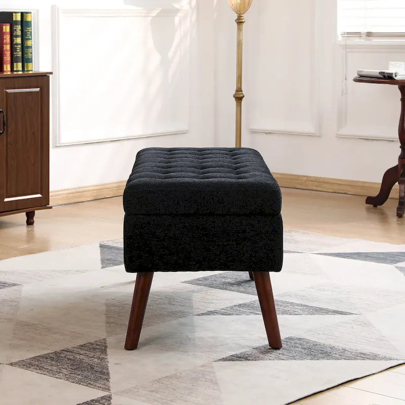 Banc de rangement capitonné en lin noir/gris/blanc cassé, pieds en bois, 1 place