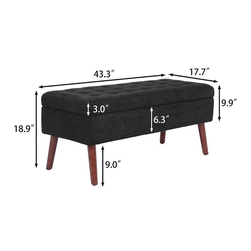 Banc de rangement capitonné en lin noir/gris/blanc cassé, pieds en bois, 1 place