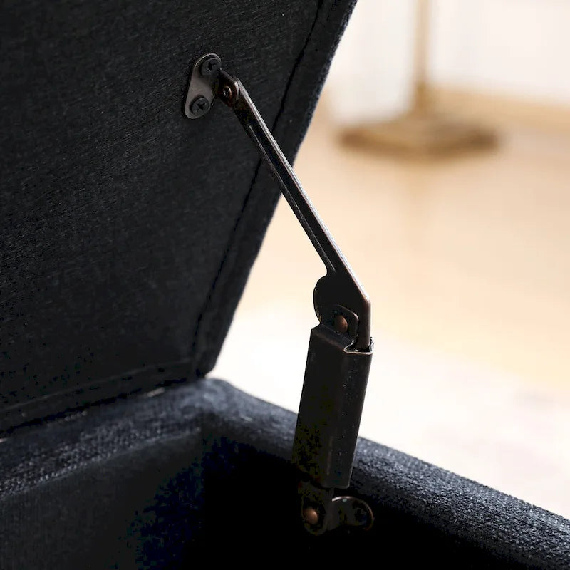 Banc de rangement capitonné en lin noir/gris/blanc cassé, pieds en bois, 1 place