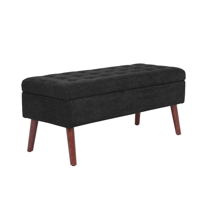 Banc de rangement capitonné en lin noir/gris/blanc cassé, pieds en bois, 1 place