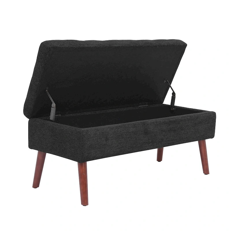 Banc de rangement capitonné en lin noir/gris/blanc cassé, pieds en bois, 1 place