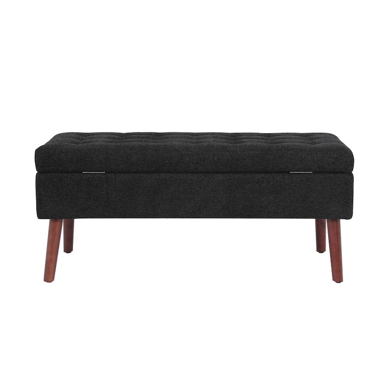 Banc de rangement capitonné en lin noir/gris/blanc cassé, pieds en bois, 1 place