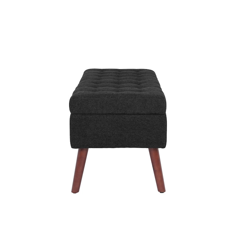 Banc de rangement capitonné en lin noir/gris/blanc cassé, pieds en bois, 1 place