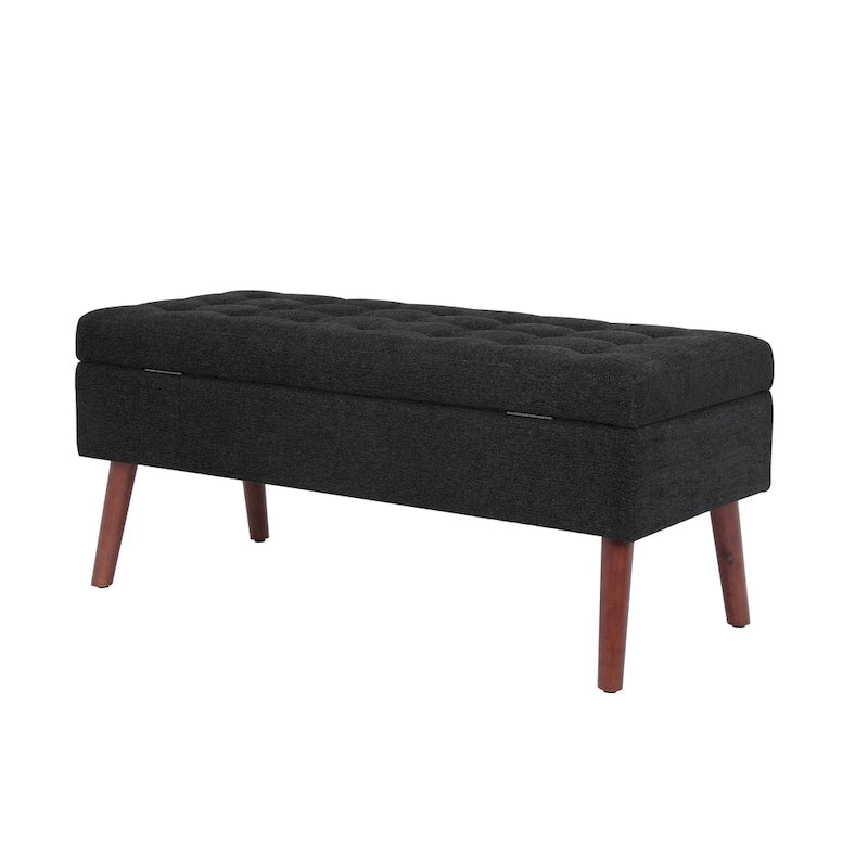 Banc de rangement capitonné en lin noir/gris/blanc cassé, pieds en bois, 1 place