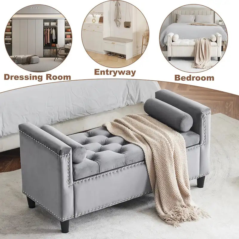 Banc de rangement capitonné en velours avec accoudoirs et garniture cloutée – Blanc crème / Noir / Gris, 3 places