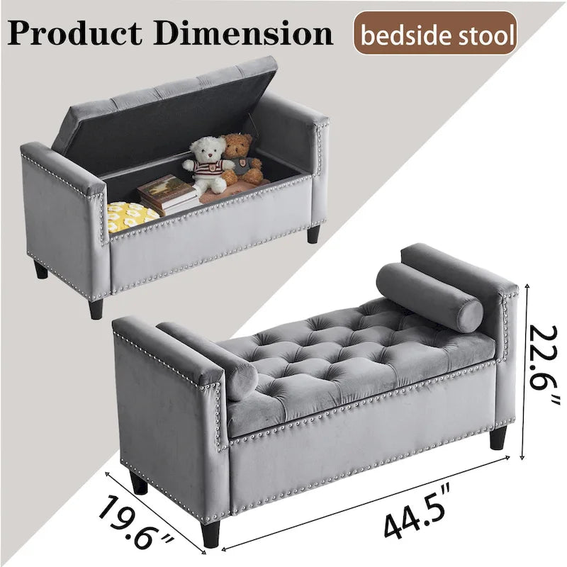 Banc de rangement capitonné en velours avec accoudoirs et garniture cloutée – Blanc crème / Noir / Gris, 3 places
