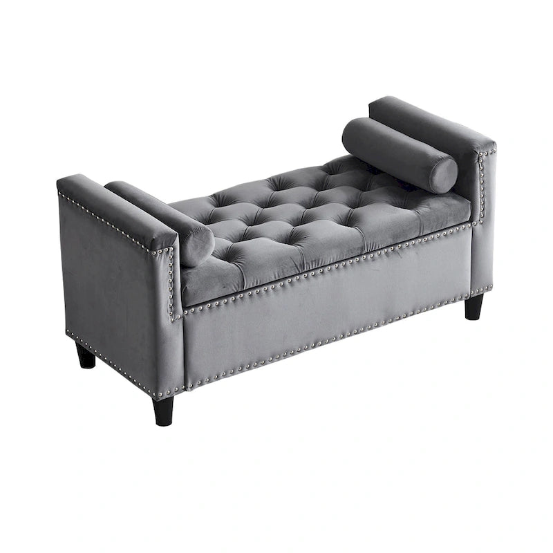 Banc de rangement capitonné en velours avec accoudoirs et garniture cloutée – Blanc crème / Noir / Gris, 3 places