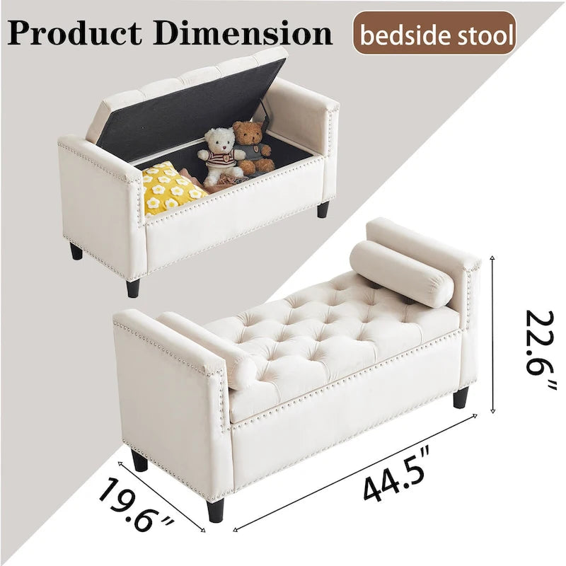 Banc de rangement capitonné en velours avec accoudoirs et garniture cloutée – Blanc crème / Noir / Gris, 3 places