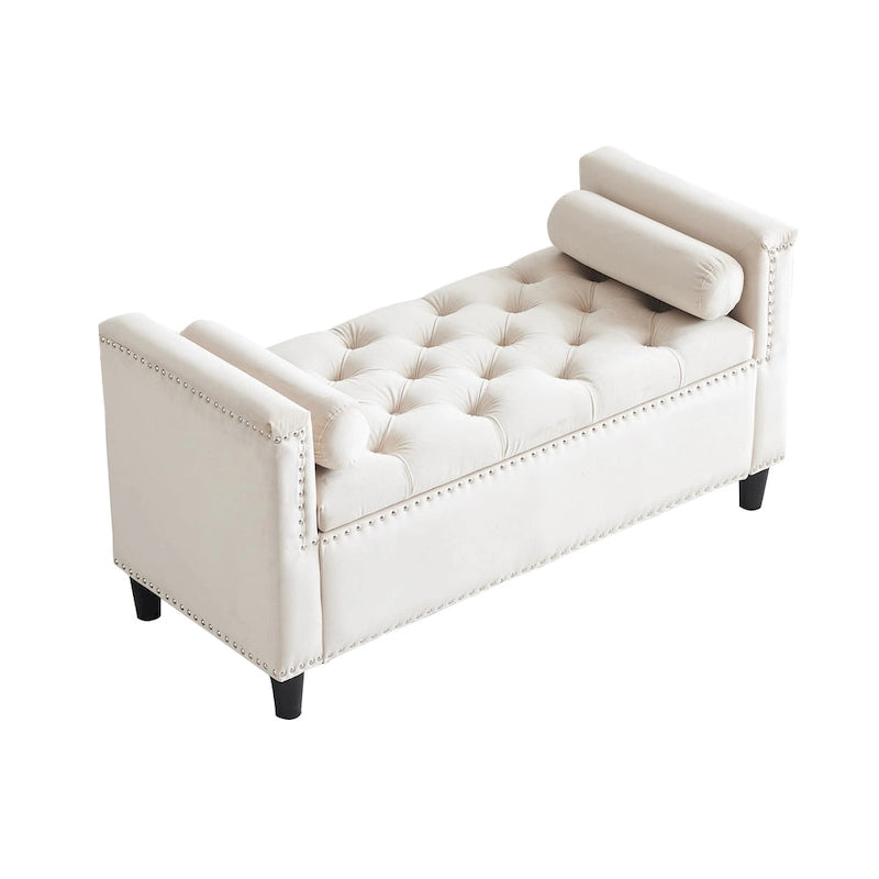 Banc de rangement capitonné en velours avec accoudoirs et garniture cloutée – Blanc crème / Noir / Gris, 3 places