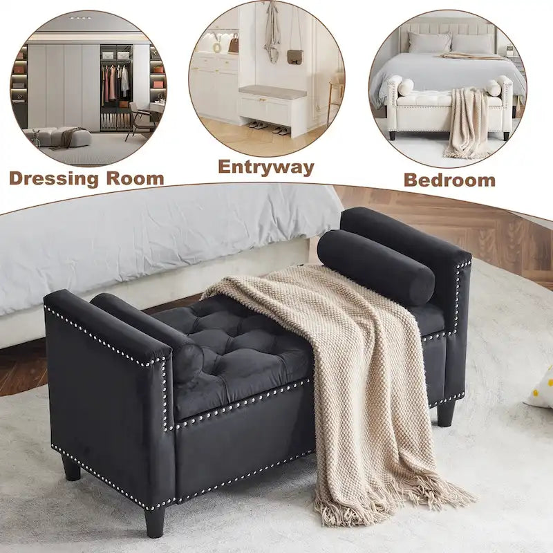 Banc de rangement capitonné en velours avec accoudoirs et garniture cloutée – Blanc crème / Noir / Gris, 3 places