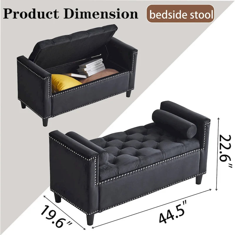 Banc de rangement capitonné en velours avec accoudoirs et garniture cloutée – Blanc crème / Noir / Gris, 3 places