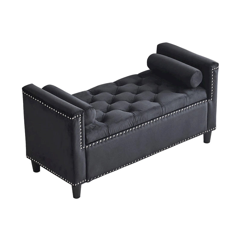 Banc de rangement capitonné en velours avec accoudoirs et garniture cloutée – Blanc crème / Noir / Gris, 3 places