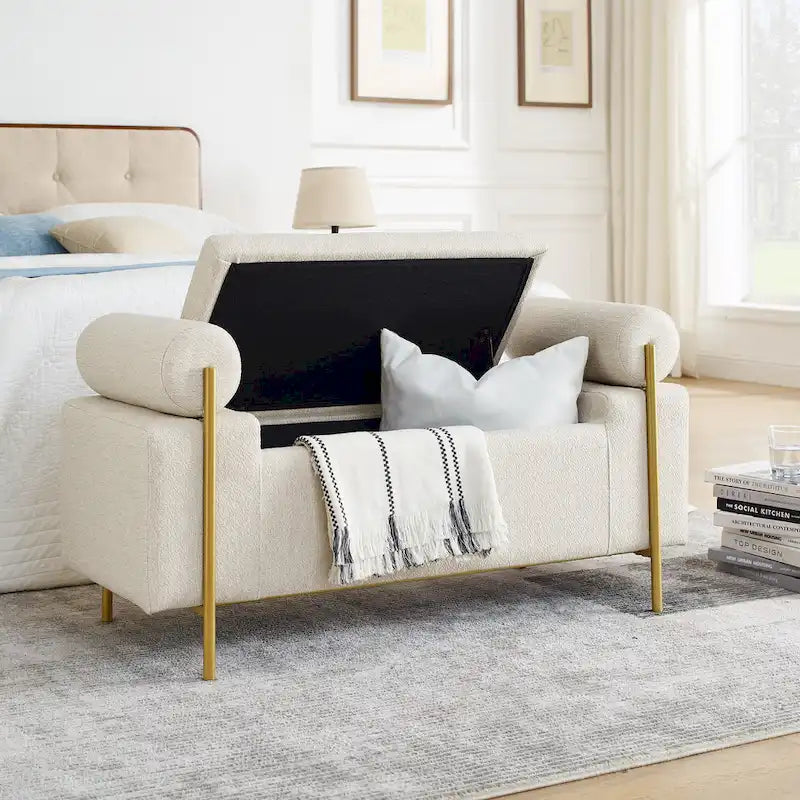 Banc de rangement en lin blanc/beige avec accoudoirs cylindriques et pieds dorés – 1 place