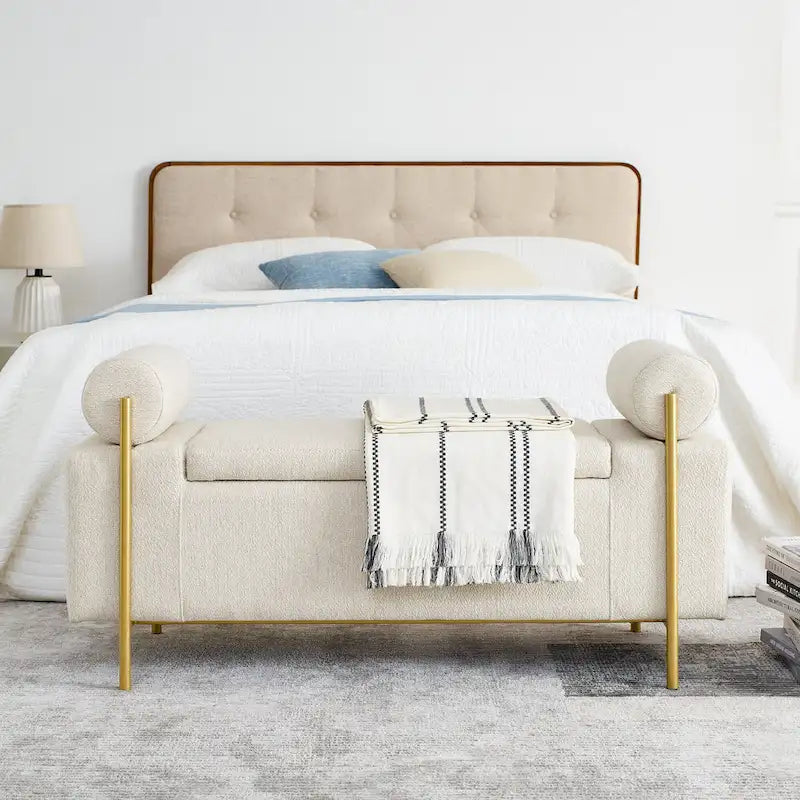 Banc de rangement en lin blanc/beige avec accoudoirs cylindriques et pieds dorés – 1 place