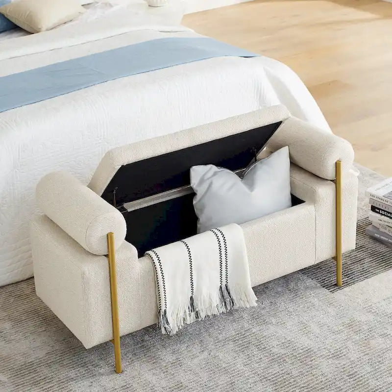Banc de rangement en lin blanc/beige avec accoudoirs cylindriques et pieds dorés – 1 place