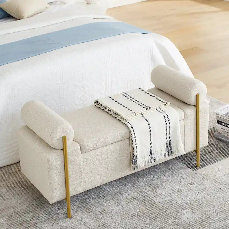 Banc de rangement en lin blanc/beige avec accoudoirs cylindriques et pieds dorés – 1 place