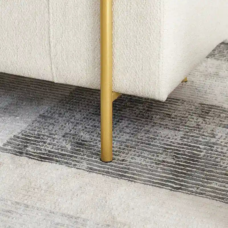Banc de rangement en lin blanc/beige avec accoudoirs cylindriques et pieds dorés – 1 place