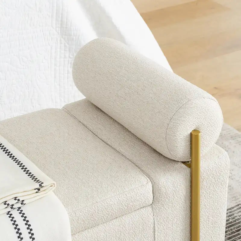 Banc de rangement en lin blanc/beige avec accoudoirs cylindriques et pieds dorés – 1 place