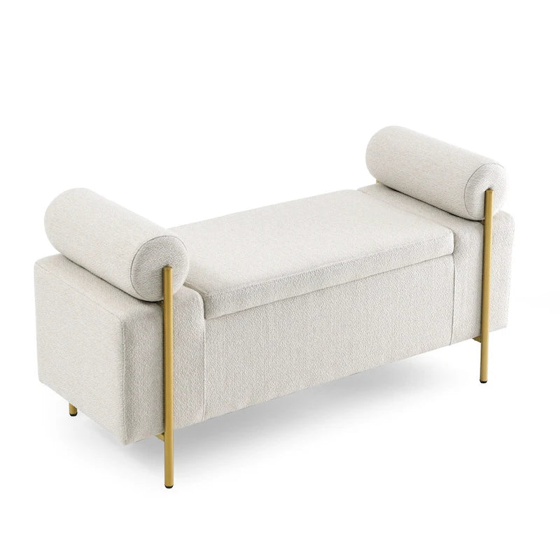 Banc de rangement en lin blanc/beige avec accoudoirs cylindriques et pieds dorés – 1 place