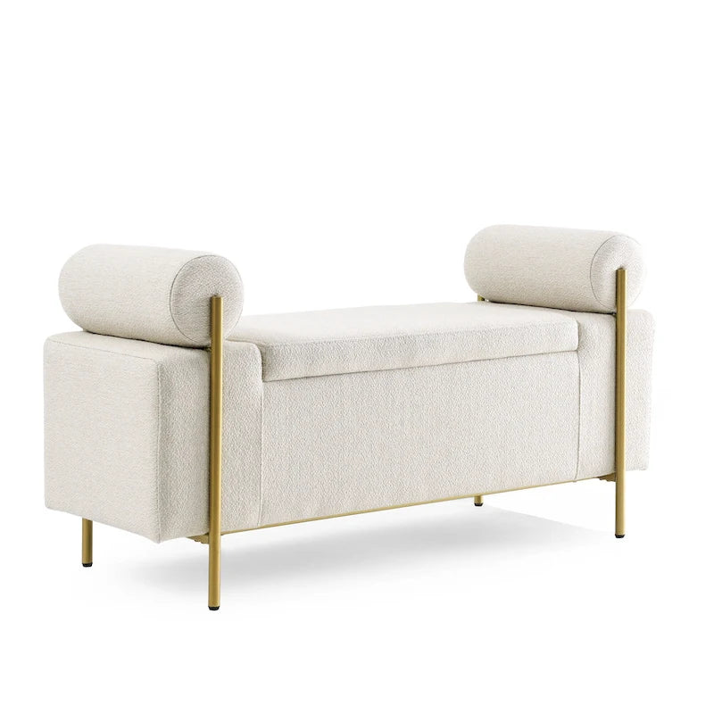 Banc de rangement en lin blanc/beige avec accoudoirs cylindriques et pieds dorés – 1 place
