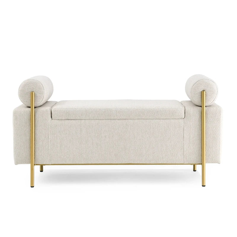 Banc de rangement en lin blanc/beige avec accoudoirs cylindriques et pieds dorés – 1 place