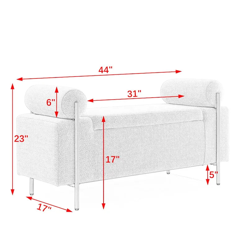 Banc de rangement en lin blanc/beige avec accoudoirs cylindriques et pieds dorés – 1 place
