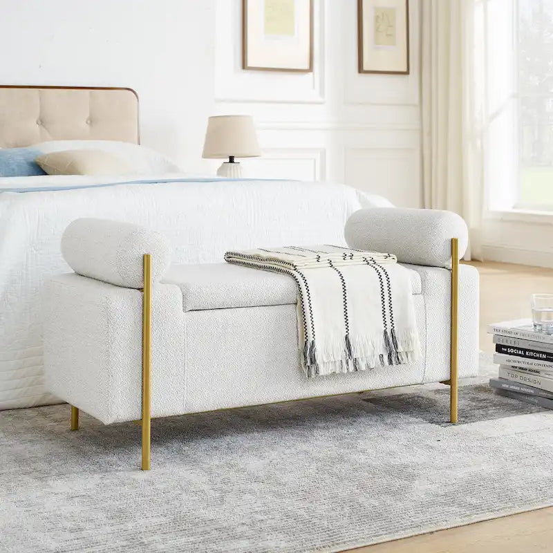 Banc de rangement en lin blanc/beige avec accoudoirs cylindriques et pieds dorés – 1 place